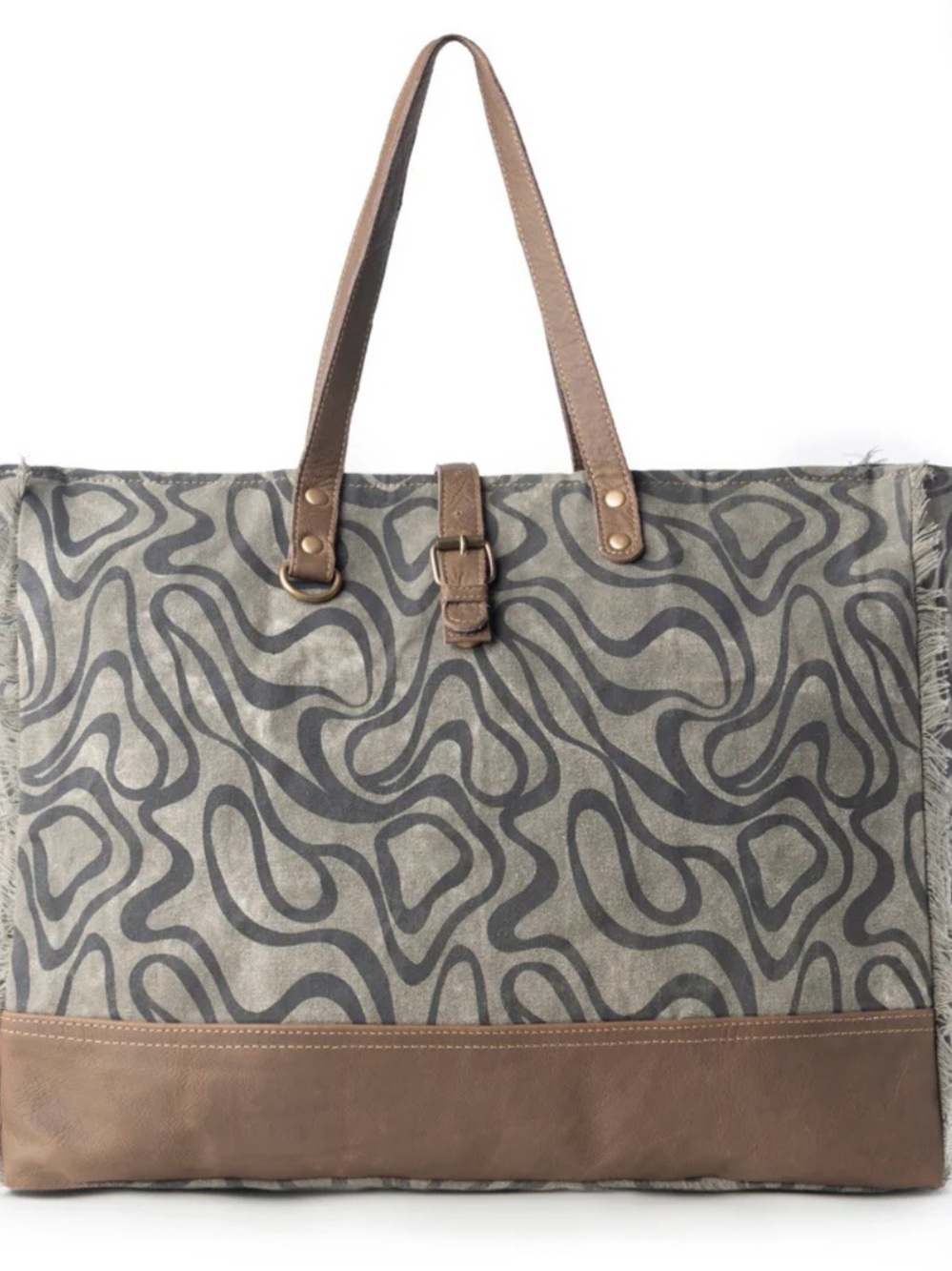 Myra Bag Gray Pattern Tote with Brown Trim